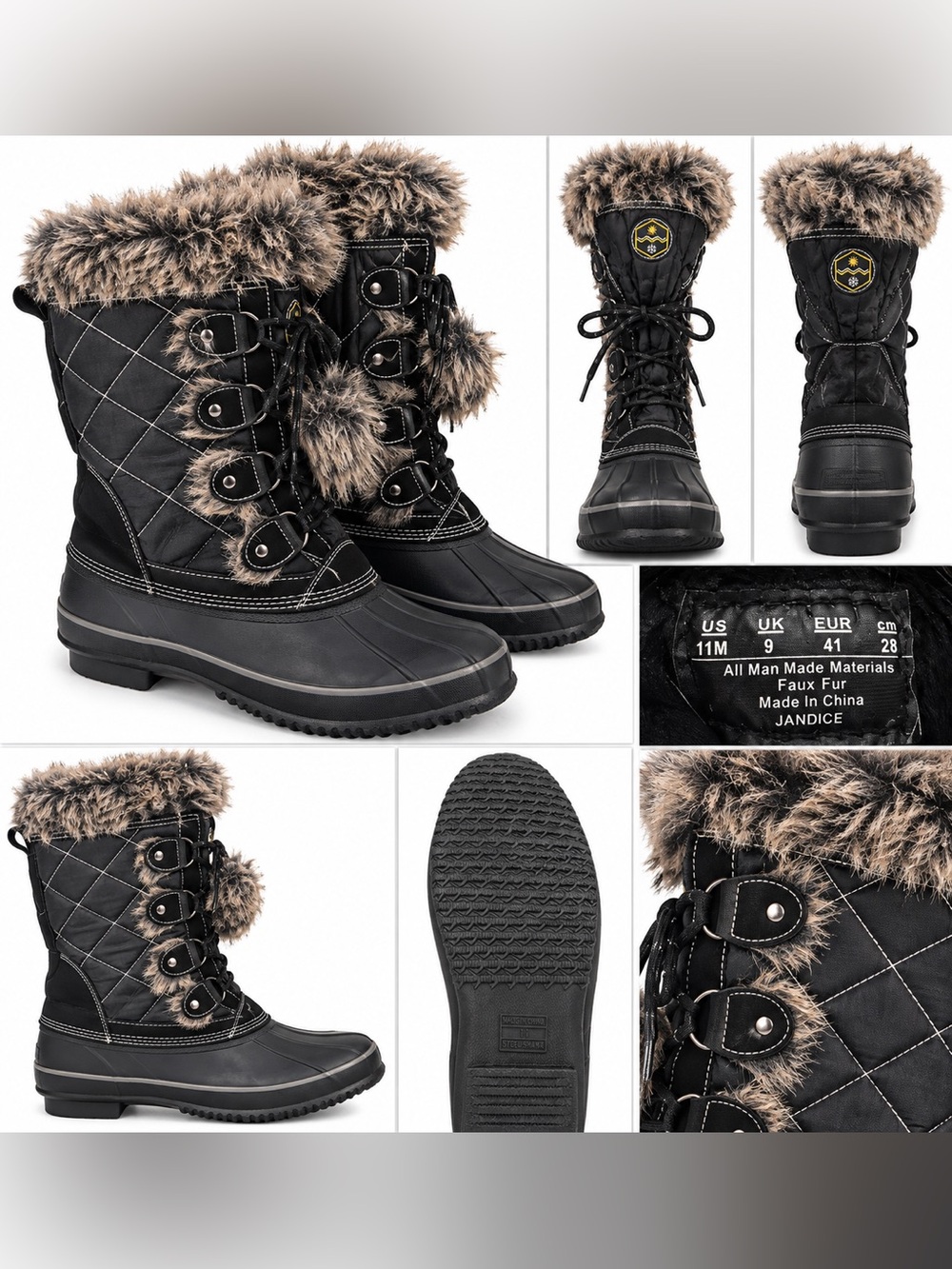 Khombu Black Quilted Faux Fur Lace-Up Winter Boots